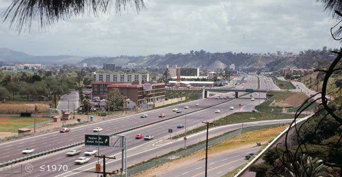 Color photo: View of Interstate 8; looking east from hillside trail - Embedded text: ~1970