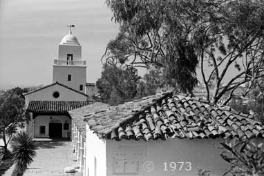 B/W photo: Elevated view of Serra Museum; looking north - Embedded text: 1973