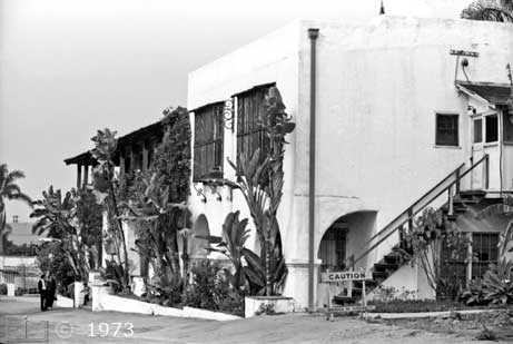 B/W photo: Calhoun st. view of Casa de Bandini - Embedded text: 1973