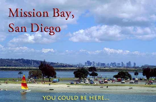Color photo: Promotional graphic of a Mission Bay, San Diego beach