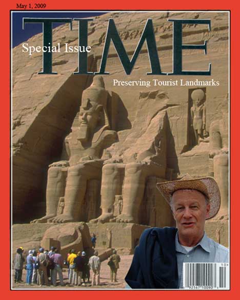 Color image: 'TIME' cover mockup with Abu Simbel in background and me in foreground