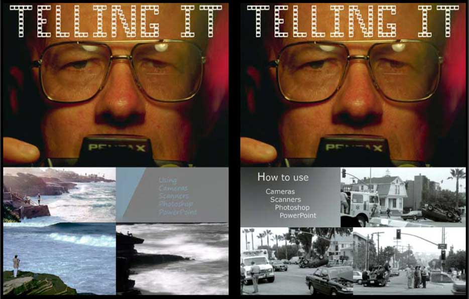 Color photo: Two alternate, projected, 'TELLING IT' book covers; each with 4 photos